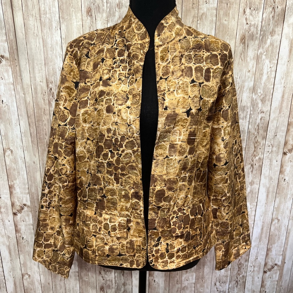 Chico's Gold and Brown Brocade‎ Blazer with Mandarin Collar